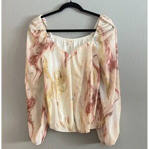 A Peach Sheer Chiffon Cream and Mauve Marble Floral Women's Blouse Size Medium
